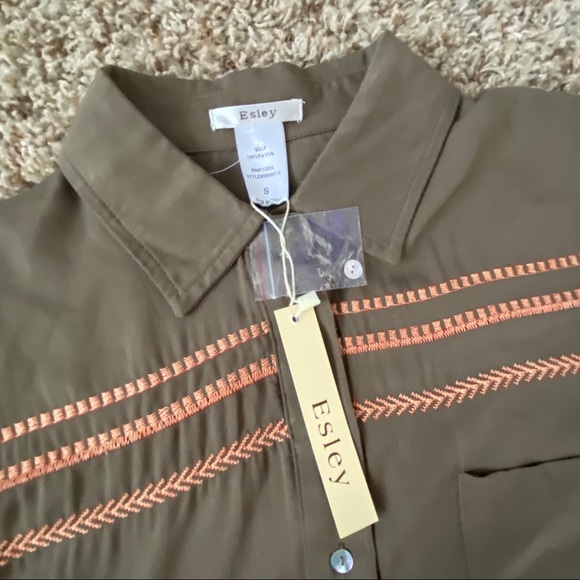 Anthro Esley Small Olive Green Pink Blouse Top - Picture 5 of 8